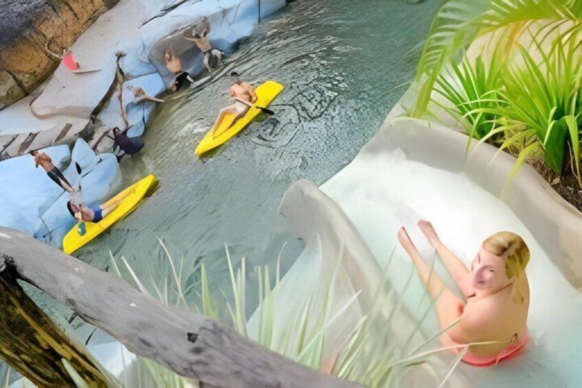 People kayaking on a river, a person in a kayak, and a water slide. 5