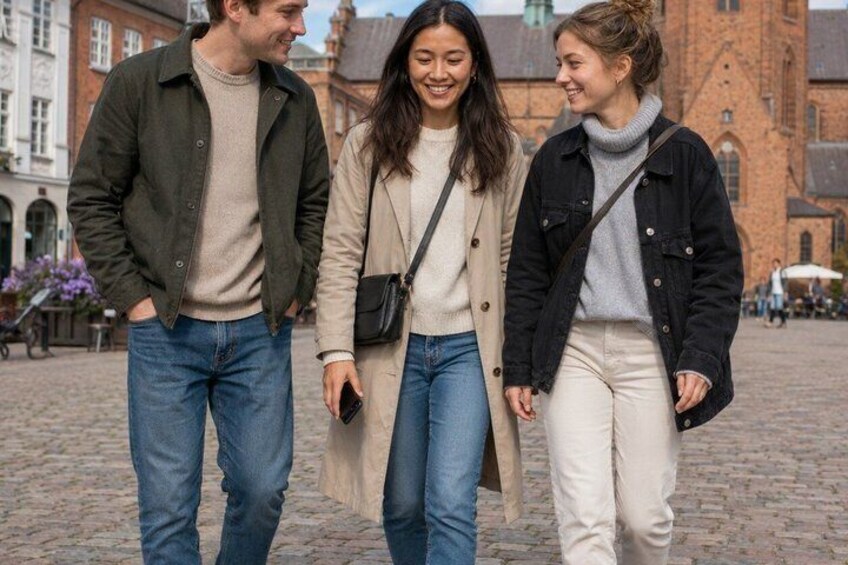 Three people walking on a cobblestone street with a historic building in the background. 2