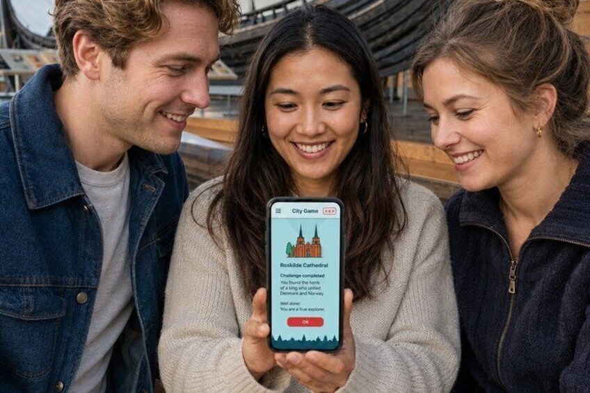 Three people looking at a smartphone displaying a game notification. 1