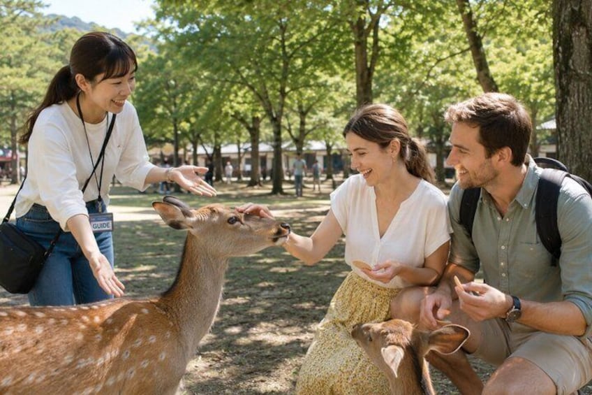 A person interacting with a deer in a park. 1