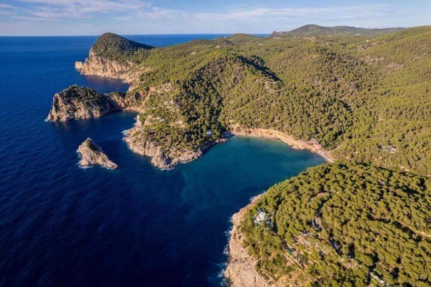 A coastal landscape with a bay, rocky outcrops, and dense forested hills. 3