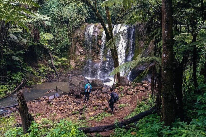 Ein Wasserfall in bewaldeter Landschaft, Wanderer sind zu sehen. 2