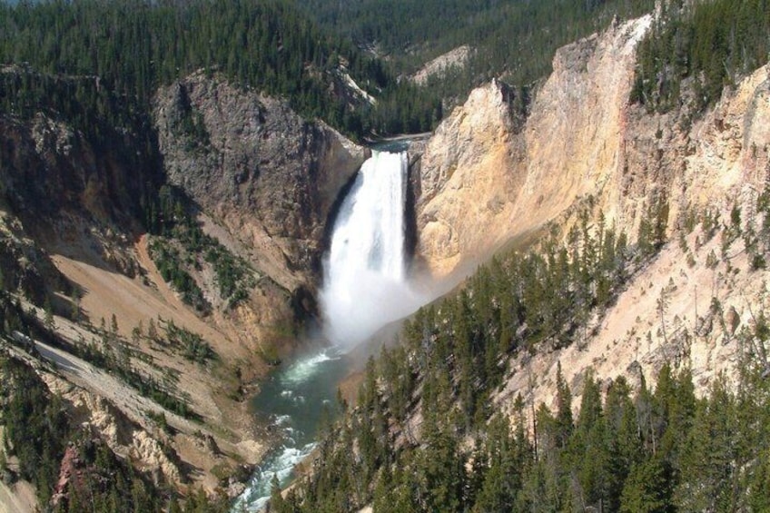 Een waterval stort neer over een rotswand, omringd door dicht bos. 2