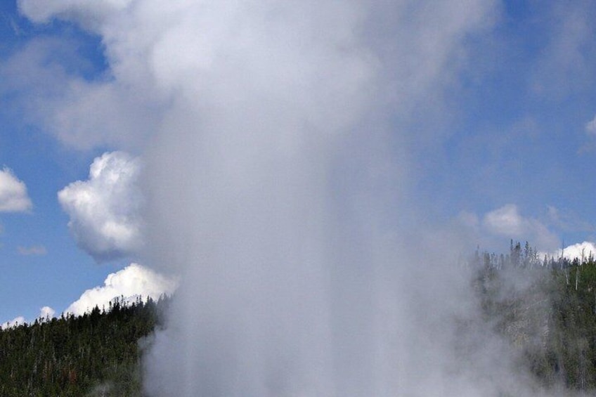 A geyser erupting with steam against a backdrop of a clear sky and a forested mountain range. 2
