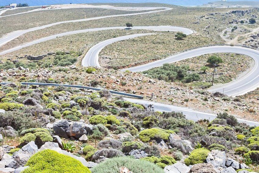A winding road through a rocky, arid landscape with sparse vegetation. 4