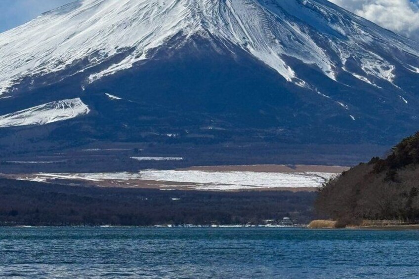 A snow-capped mountain, a body of water, and a forested area. 1