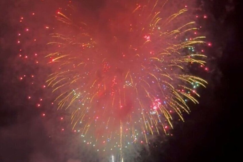Fireworks with red and yellow trails against a dark sky. 5