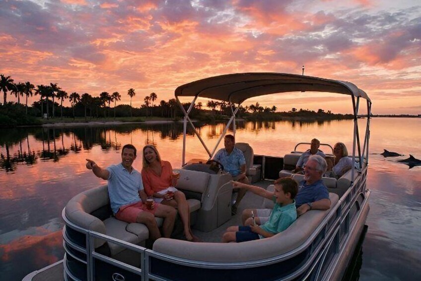 Un grupo de personas en un barco al atardecer, con un lago tranquilo y palmeras al fondo. 1