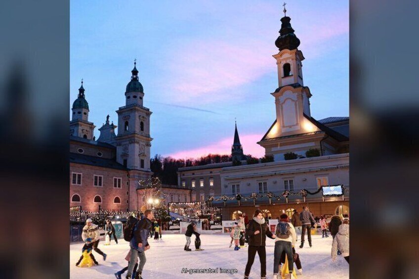 Une place historique avec une église, des gens qui font du patin à glace et une ambiance festive. 2