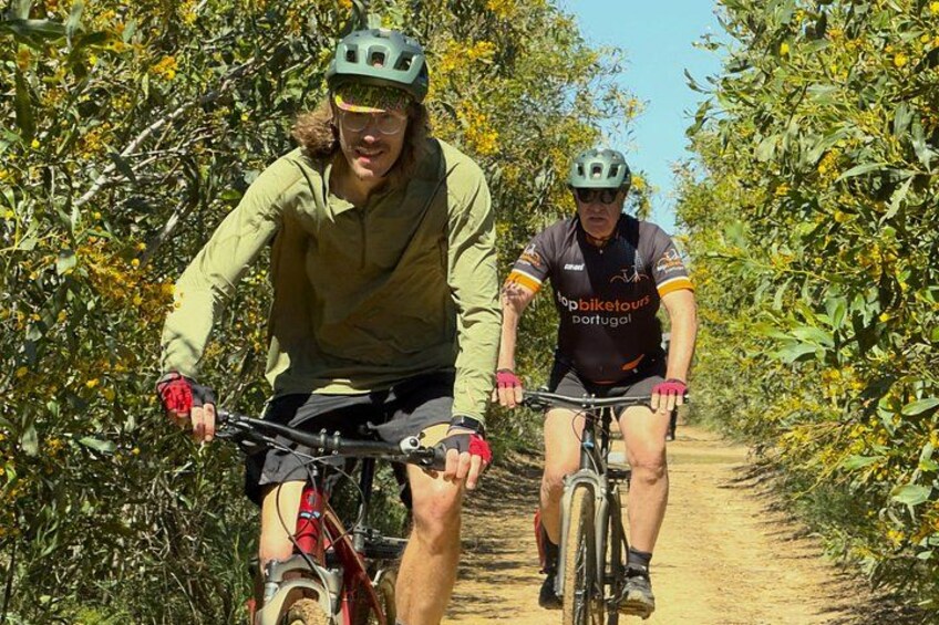 Two cyclists on a dirt path surrounded by greenery. 5