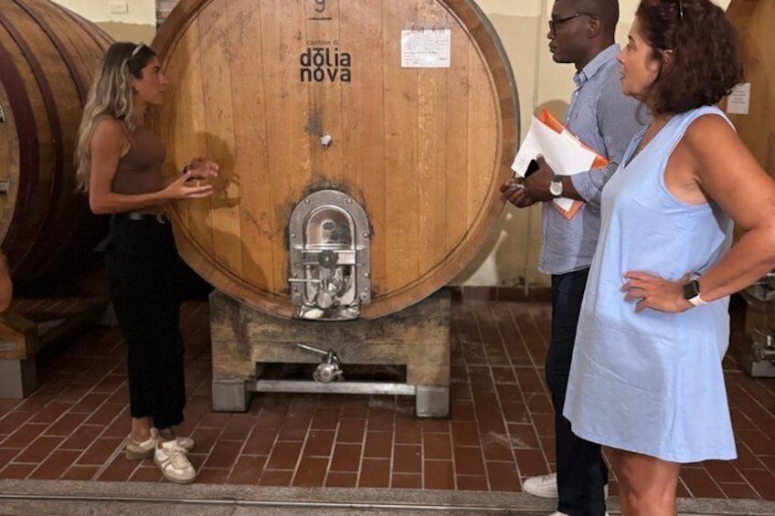 A wooden barrel with 'dolia nova' written on it, a person examining it, and another person holding a booklet. 1