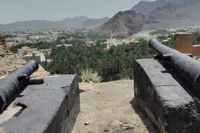 A desert landscape with a distant city, palm trees, and mountains. 2