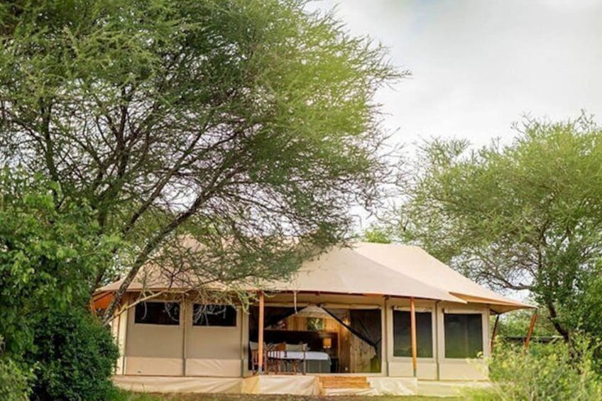 A single-story, open-sided structure with a sloped roof, surrounded by dense greenery. 5
