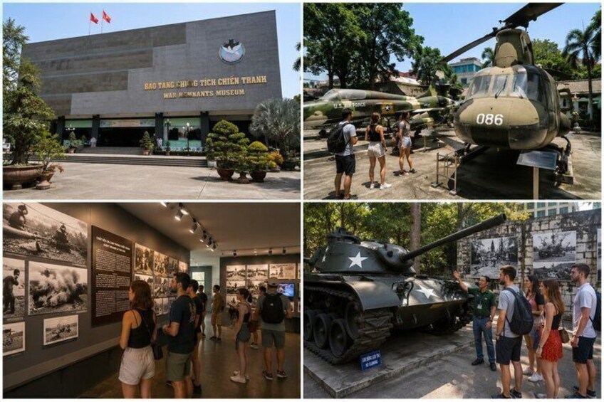 En museibyggnad där en helikopter och en stridsvagn visas. 4