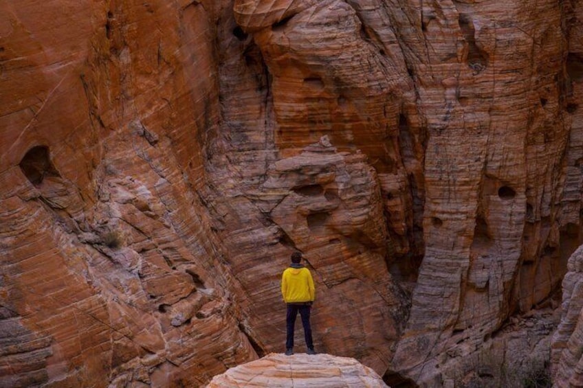 Een persoon in een gele jas staat op een rotsformatie in een canyon met gelaagde rode rotswanden. 5