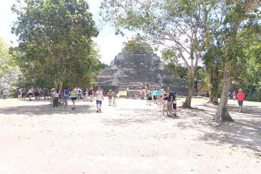 Une grande structure en forme de pyramide, entourée d’arbres et d’une foule de personnes. 4