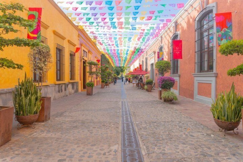 Una calle empedrada flanqueada por edificios, macetas con plantas y banderas triangulares de colores colgadas. 4