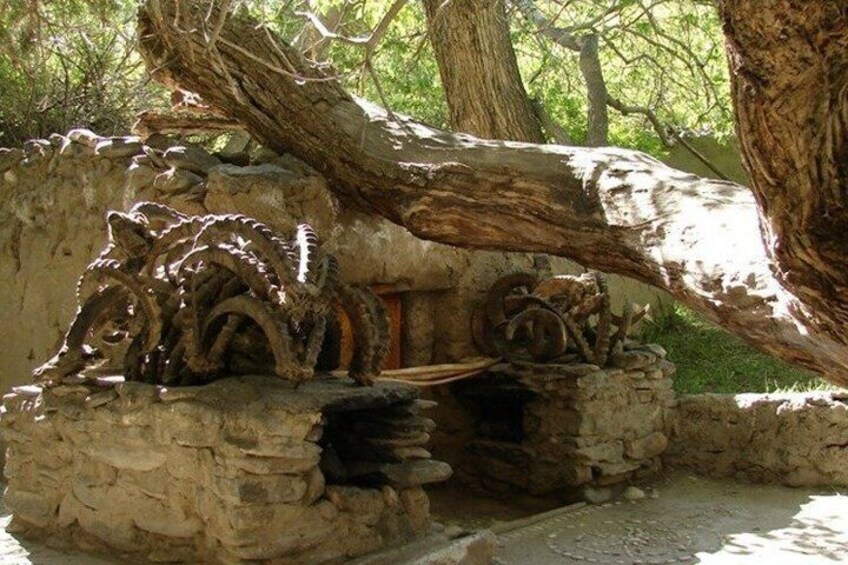 A stone structure with a large tree branch overhead and a small wooden bench. 5