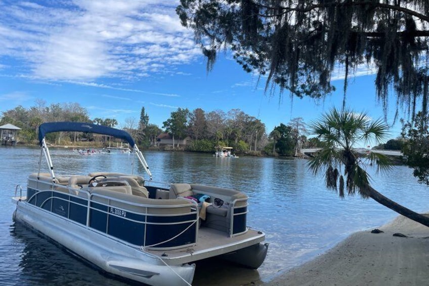 A pontoon boat docked at a sandy shore with a calm lake, trees, and a clear sky in the background. 3
