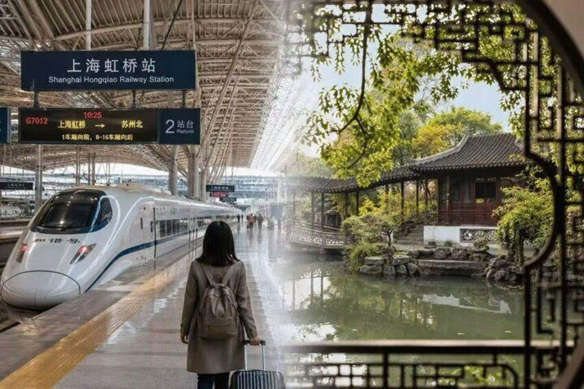 Un train à grande vitesse à la gare ferroviaire de Shanghai Hongqiao, avec un jardin chinois traditionnel visible à travers l’architecture de la gare. 2