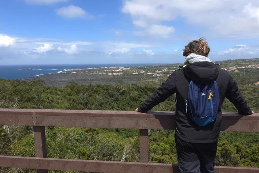 Una persona parada sobre una plataforma de madera, con vista a un paisaje costero con vegetación y al mar. 2