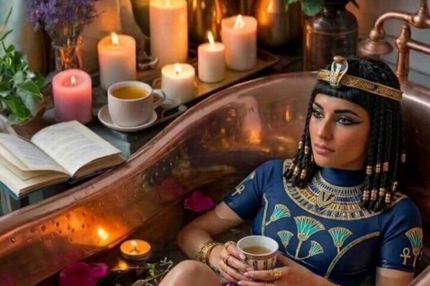 Una persona vestida con atuendo de la antigua civilización egipcia sentada en una bañera con velas y un libro. 2