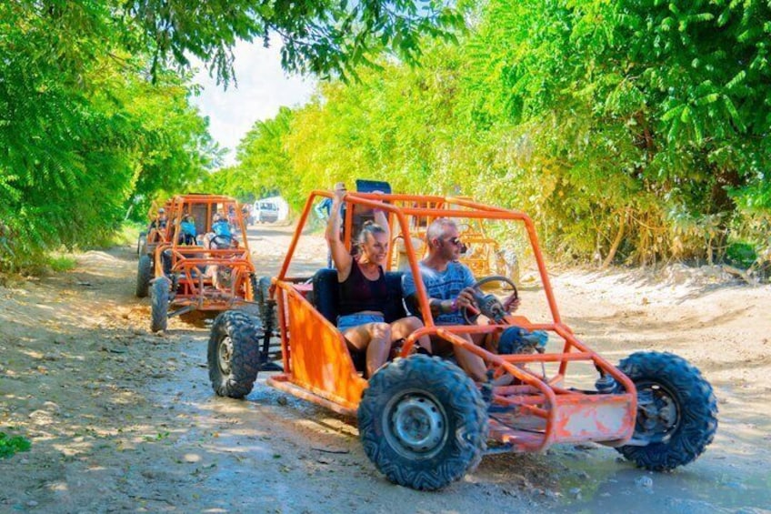 Off-road vehicles on a dirt path surrounded by greenery. 3