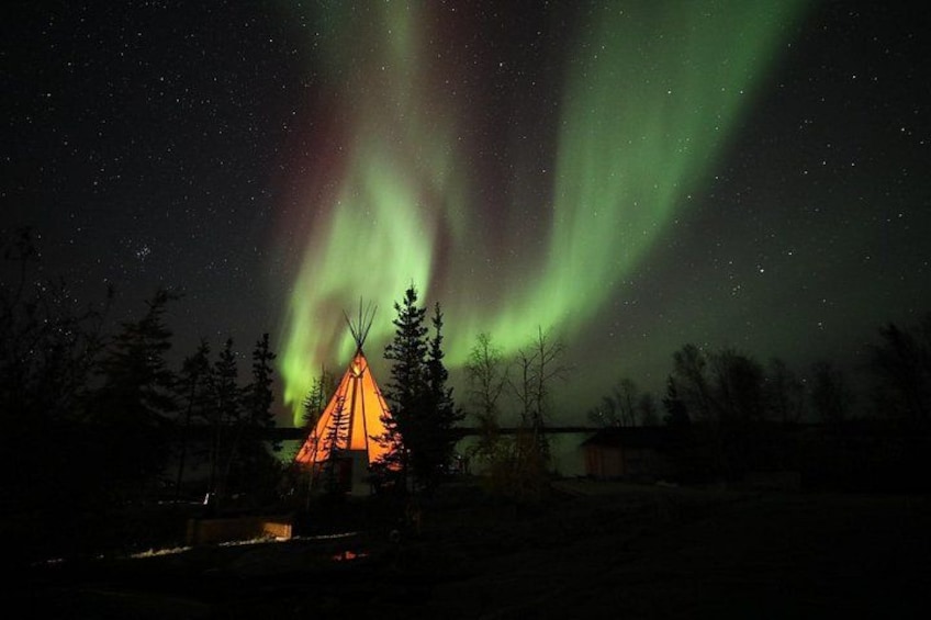 A night scene with the Northern Lights above a lit tipi and forest. 4