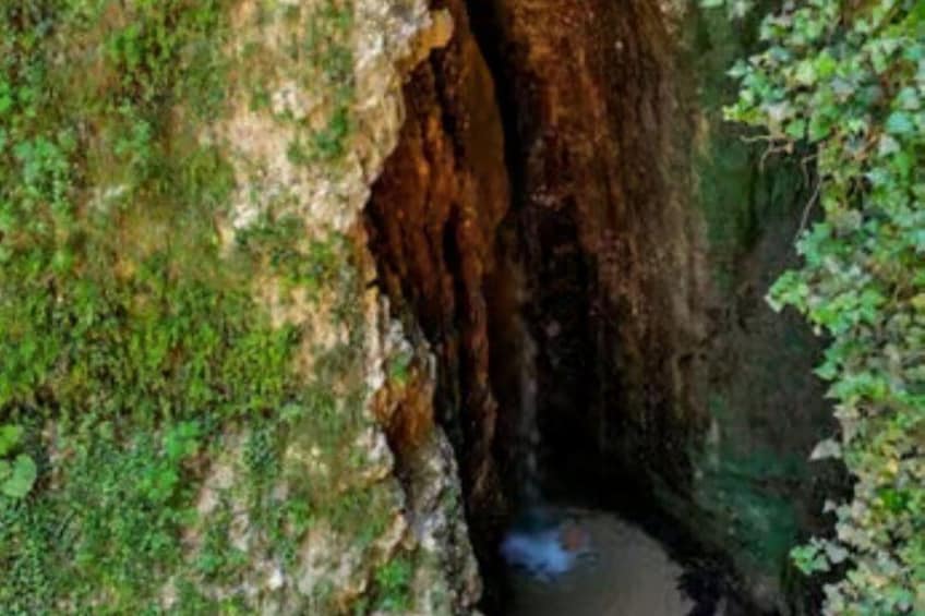 A narrow canyon with a small stream flowing through it. 5