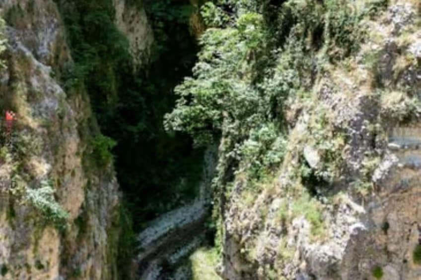 A narrow canyon with steep rock faces and dense greenery. 3