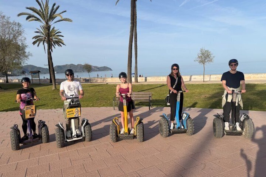 Four people on segways in a park with palm trees and a body of water in the background. 5