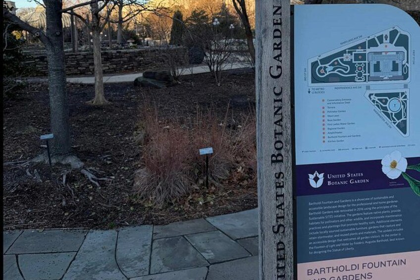 A sign for the United States Botanic Garden with a map and information about the Bartholomew Fountain Gardens. 4