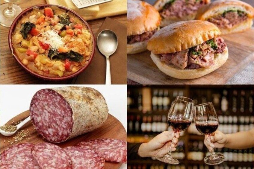A bowl of soup, a sandwich, sliced salami, and two glasses of red wine. 5