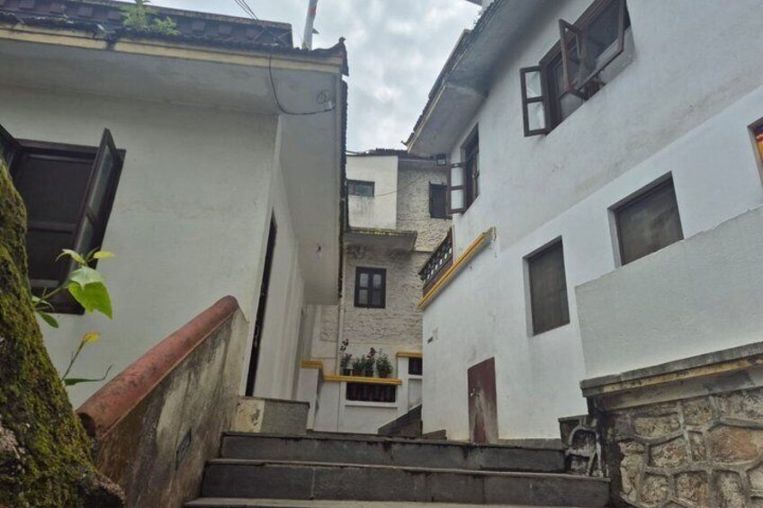 A narrow alleyway with white buildings, a stone staircase, and a tree with green leaves. 2