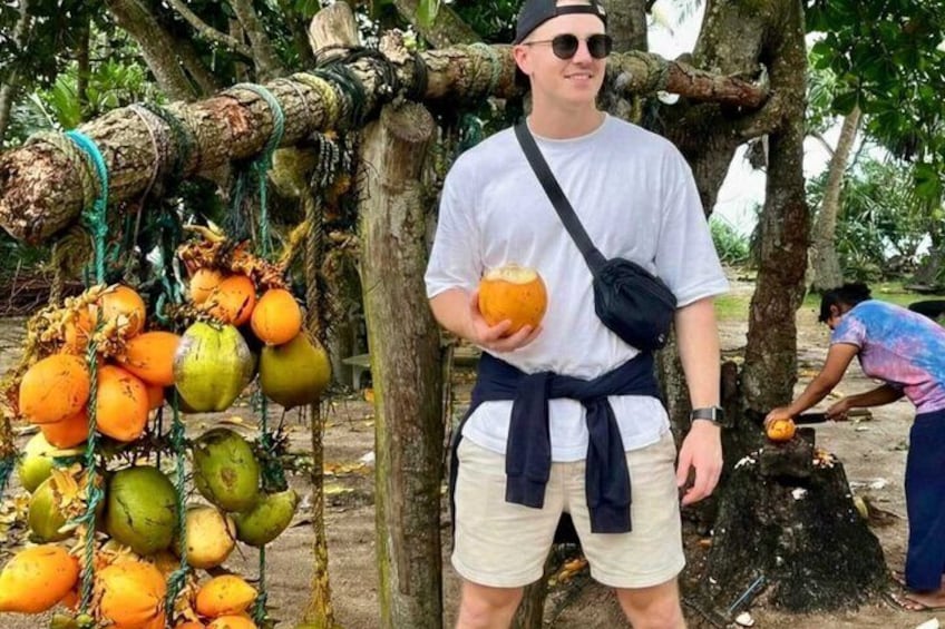 En person holder en kokosnød, med et træ fyldt med kokosnødder i baggrunden. 3