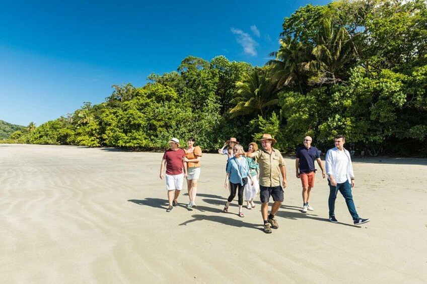 Een groep mensen loopt over een zandstrand, met palmbomen in de verte. 1