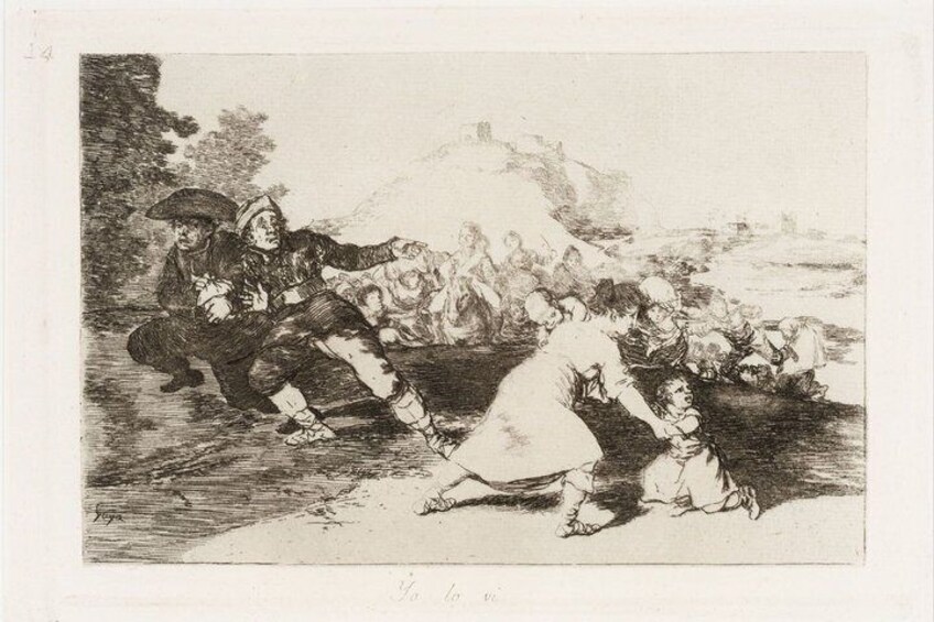 A historical scene with a man in a hat and coat, a woman in a dress, and a crowd by a body of water. 1