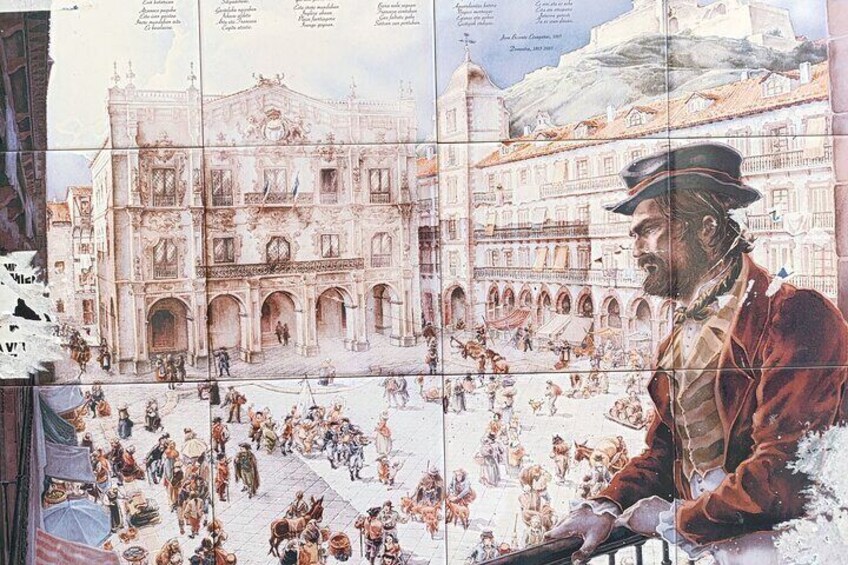 A historical building with intricate architecture, a bustling square with people, and a prominent figure in period attire. 4
