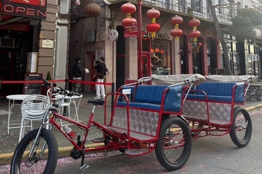 Ein rotes Fahrrad mit Lastanhänger steht auf einer Straße. 5