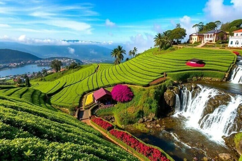 Terraced tea fields, a waterfall, and a distant view of a town. 1