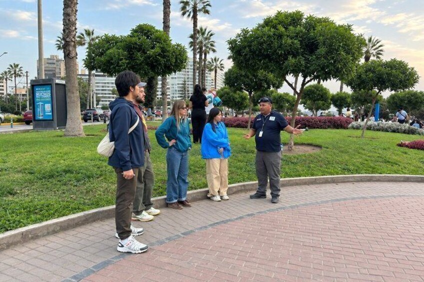 Un grupo de personas en un área pavimentada, con palmeras y un parque con césped al fondo. 2