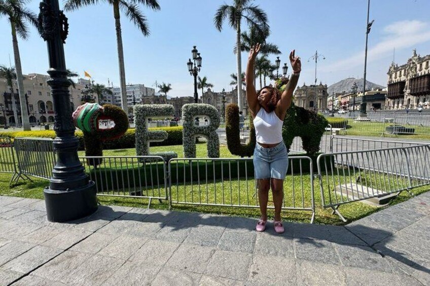 A person standing in a plaza with a sign that reads 'PERU' and palm trees in the background. 4