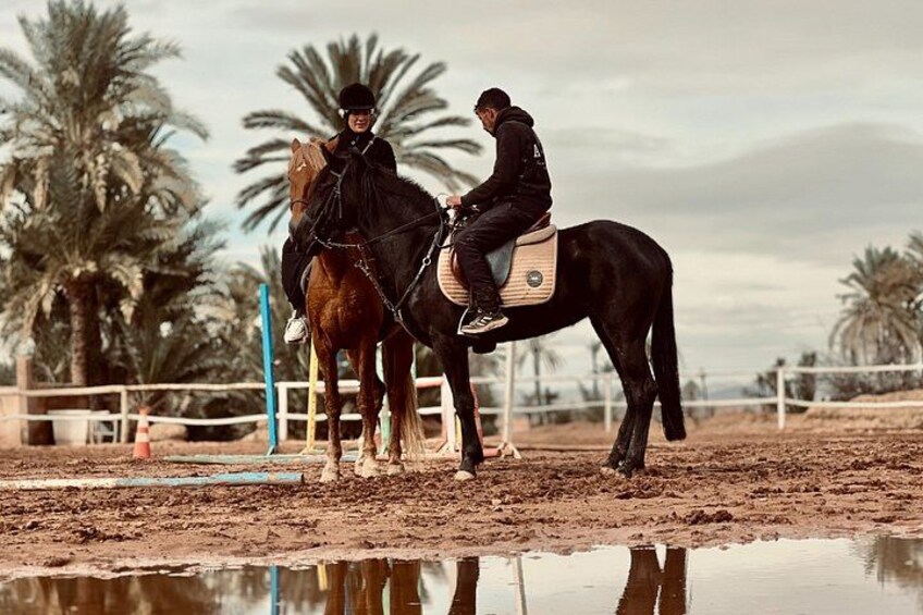 Eine Person reitet ein Pferd in einer Reithalle im Freien mit sandigem Boden und einer Wasserpfütze. 4
