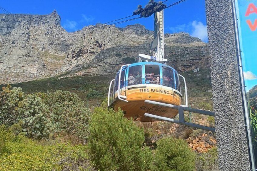 Eine Seilbahn mit dem Schriftzug 'THIS IS LIVING', die über eine gebirgige Landschaft fährt. 1