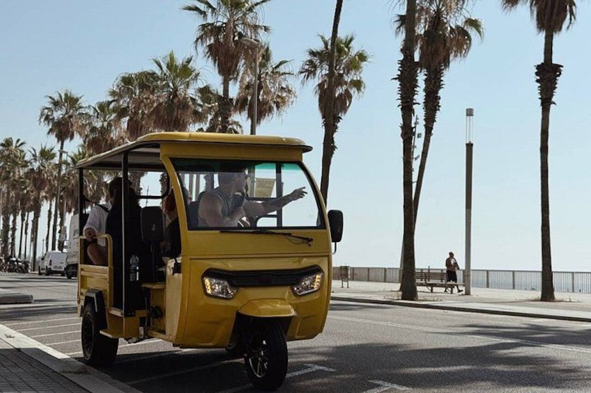 Un véhicule jaune sur une route bordée de palmiers, avec un piéton en arrière-plan. 5