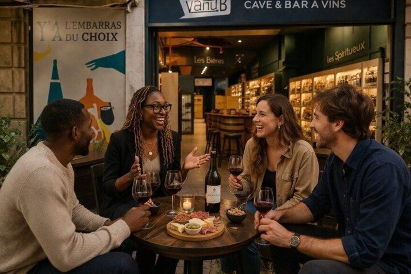 A group of people seated at a round table with wine glasses and a bottle of wine, in front of a cafe named 'CAVE & BAR AVINS.' 5