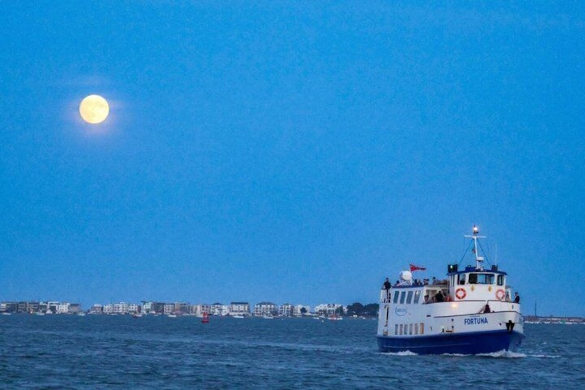 Un bateau nommé « FORTUNA » navigue sur l’eau, avec la silhouette d’une ville en arrière-plan. 4