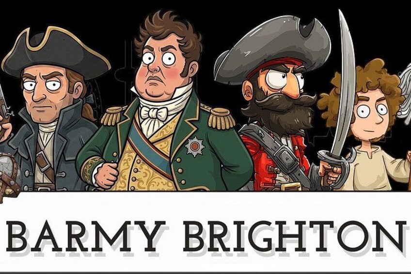 En grupp animerade figurer klädda i historiska militäruniformer, med texten ”BARMY BRIGHTON” under dem. 1