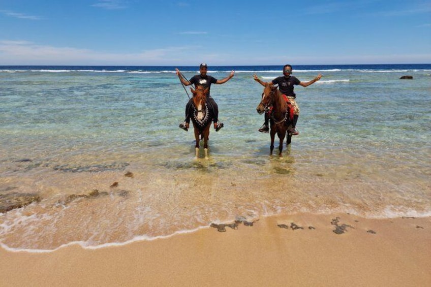 Deux personnes à cheval sur une plage, avec une eau claire et un rivage sablonneux. 5
