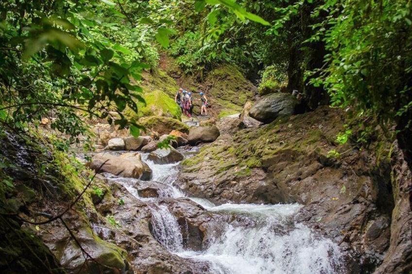 Una cascada en un área boscosa con excursionistas. 4